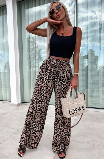 Veloria Wide Leg Drawstring Trousers-Brown