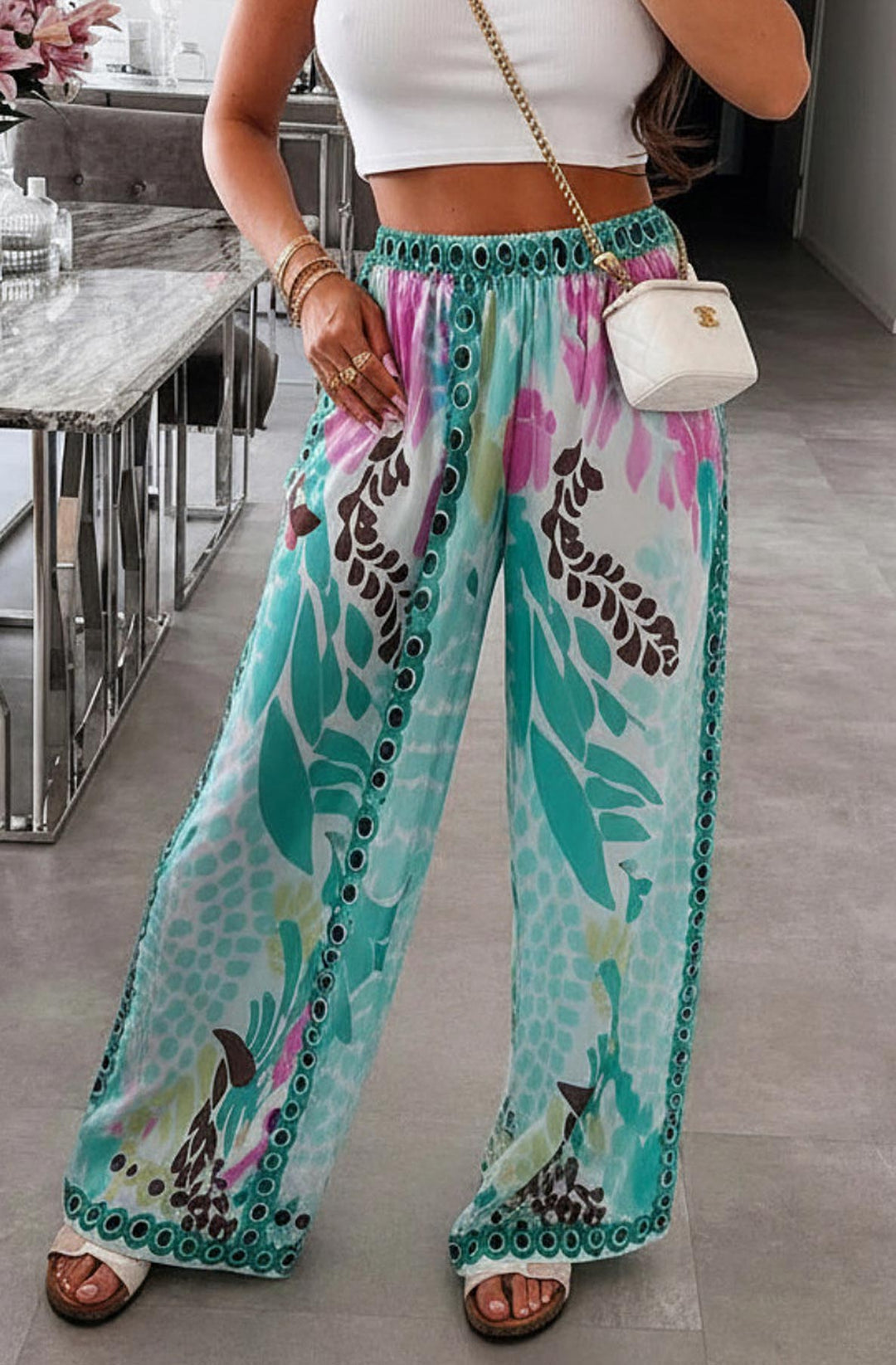 Vena Tropical Satin Style Wide Leg Trousers