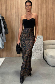 Vera Satin Leopard Maxi Skirt-Dark Brown
