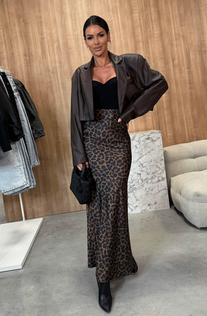 Vera Satin Leopard Maxi Skirt-Dark Brown