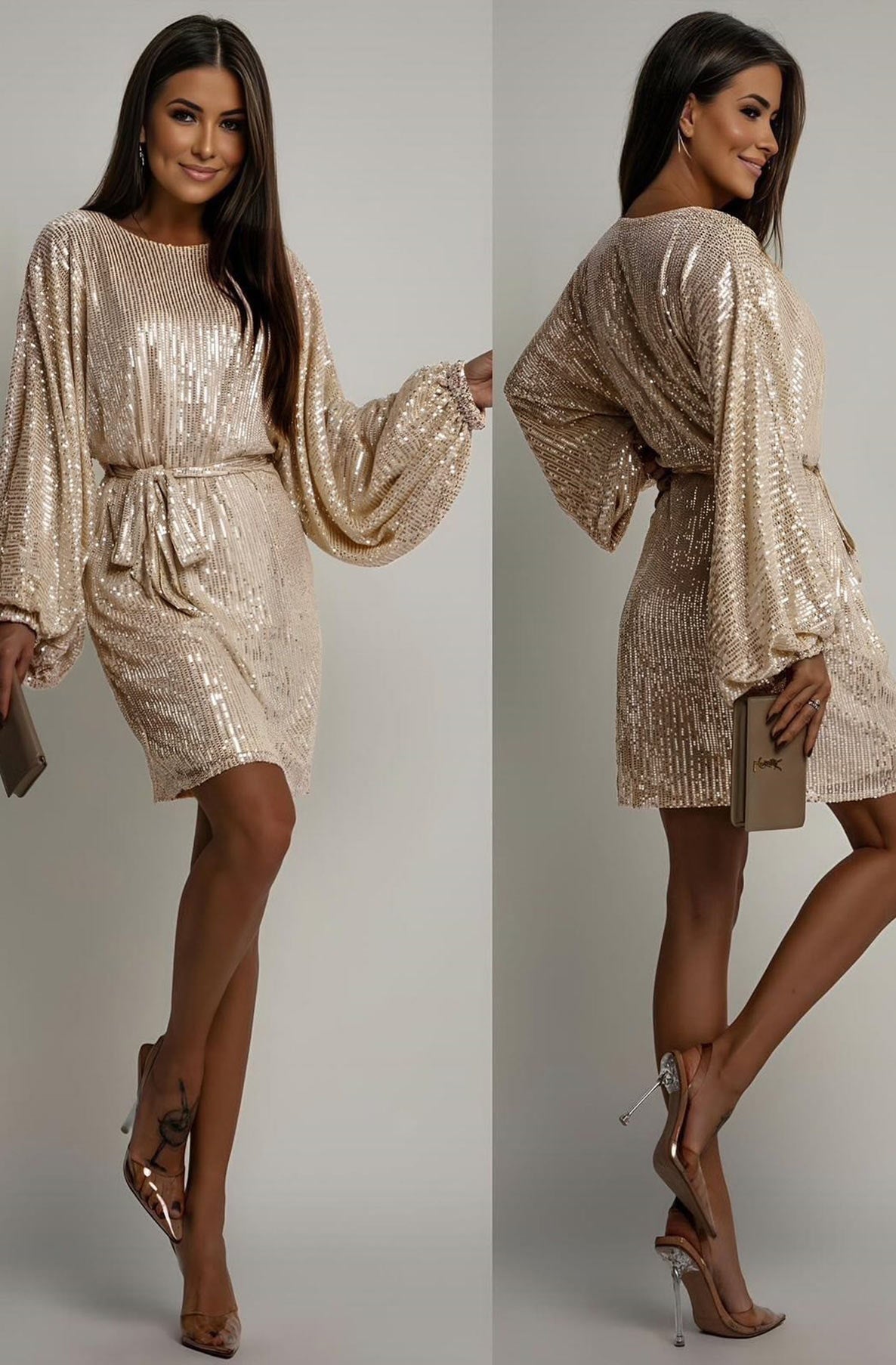 Verenna Sequin Batwing Belted Mini Dress-Gold