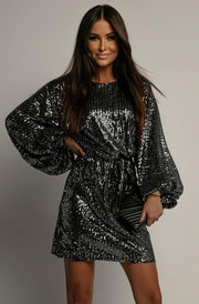 Verenna Sequin Batwing Belted Mini Dress-Silver