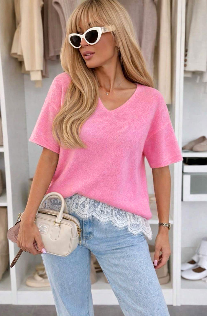 Verine Alpaca Blend Lace Hem V-Neck Light Knitted Jumper Sweater - Pink