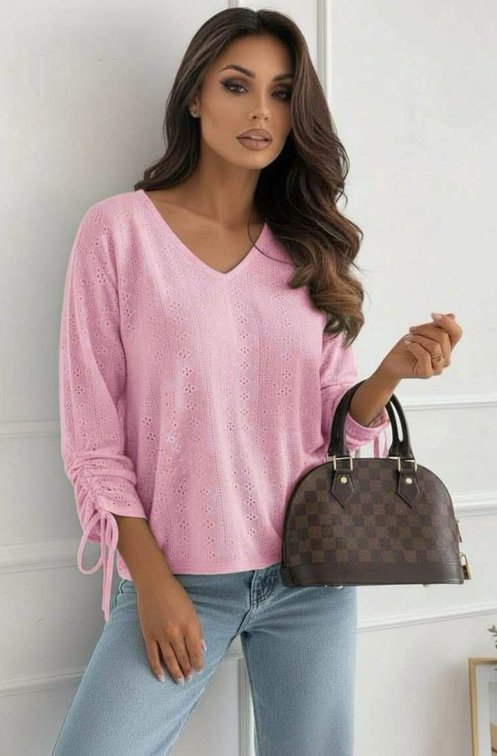 Vesi Openwork V Neck Blouse Top - Baby Pink