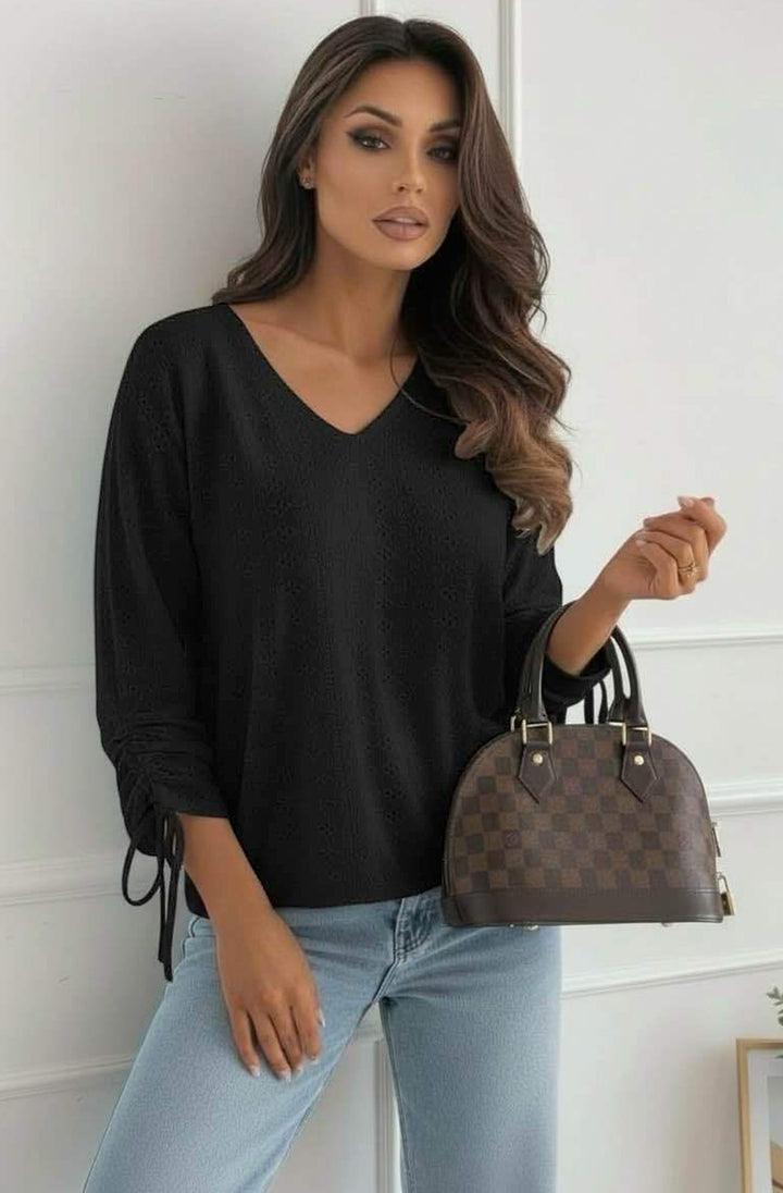 Vesi Openwork V Neck Blouse Top-Black