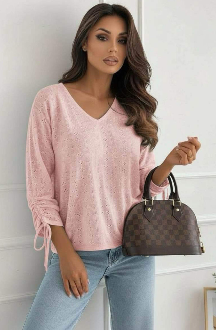 Vesi Openwork V Neck Blouse Top-Dusty Pink