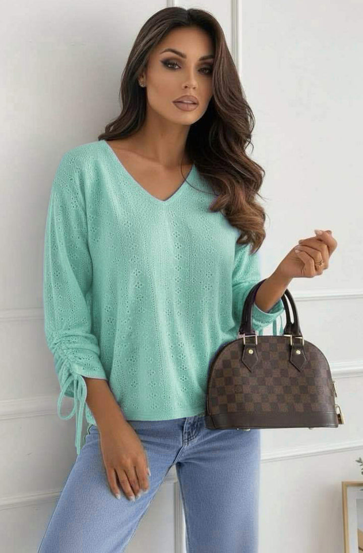 Vesi Openwork V Neck Blouse Top - Mint