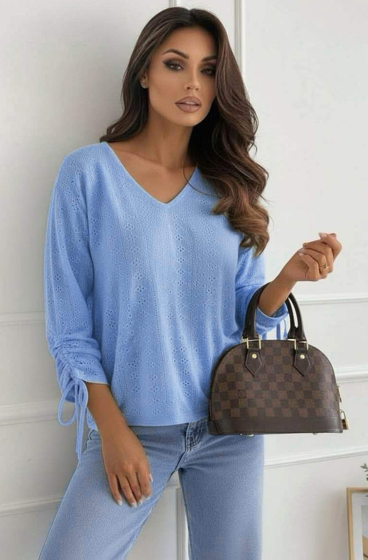 Vesi Openwork V Neck Blouse Top - Sky Blue