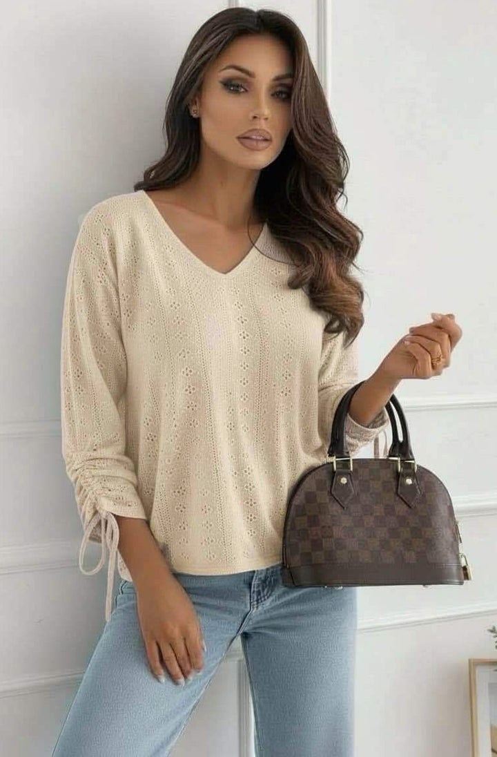 Vesi Openwork V Neck Blouse Top - Stone