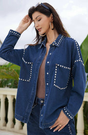 Vexa Studded Trim Denim Overshirt Shacket-Dark Blue