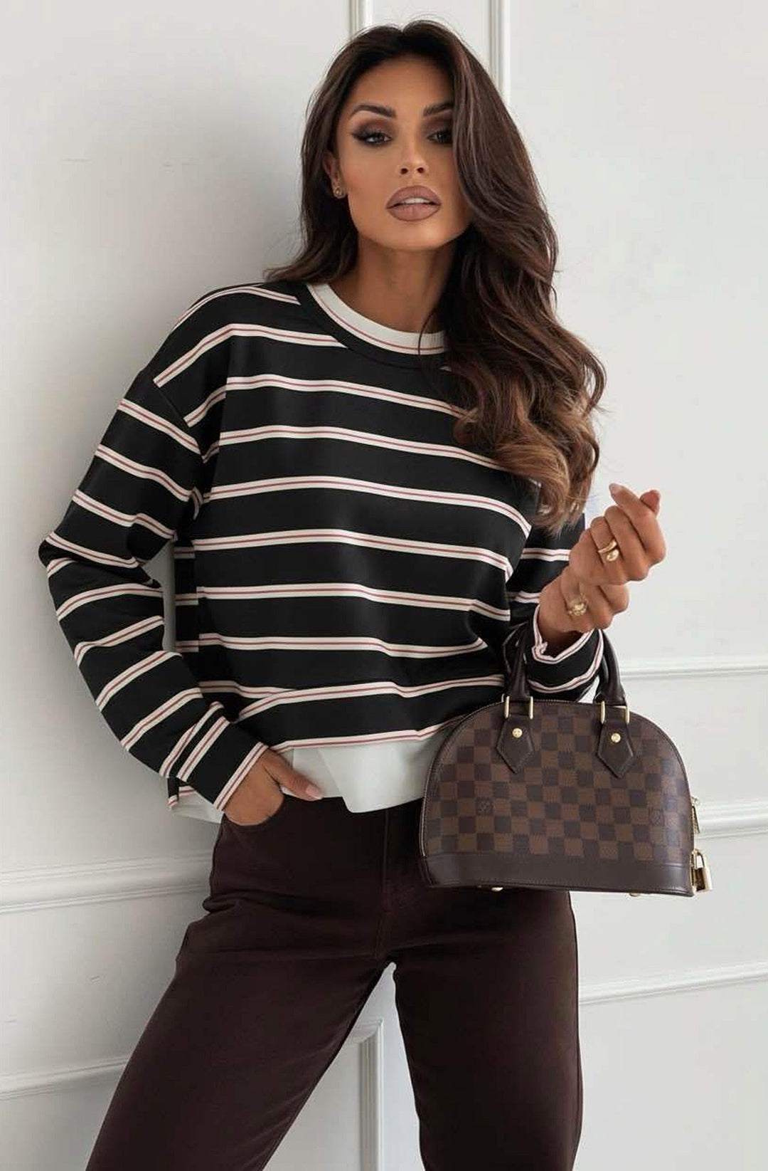 Viola Striped Double-Layer Effect Sweatshirt Top - Black