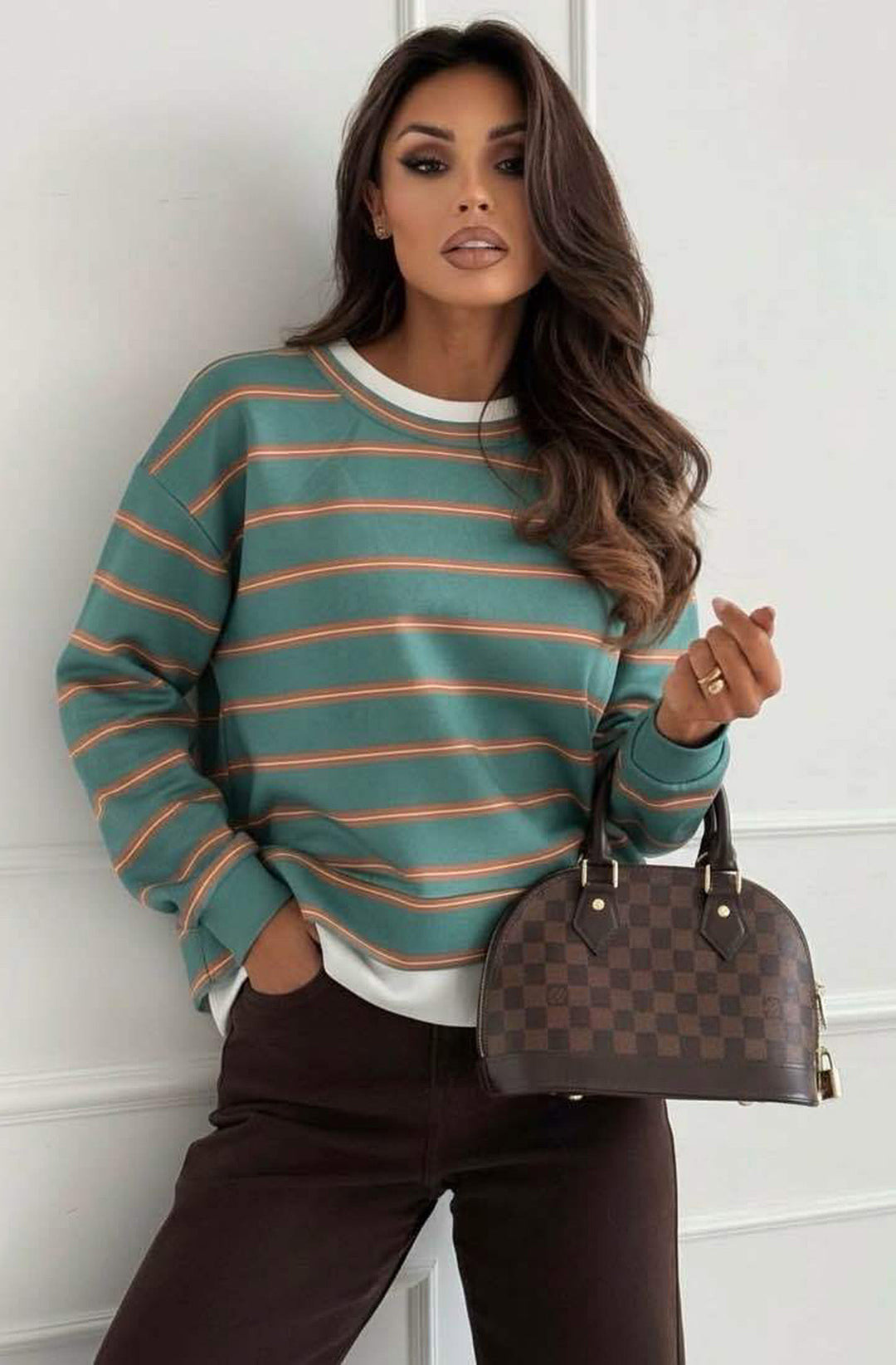 Viola Striped Double-Layer Effect Sweatshirt Top - Green