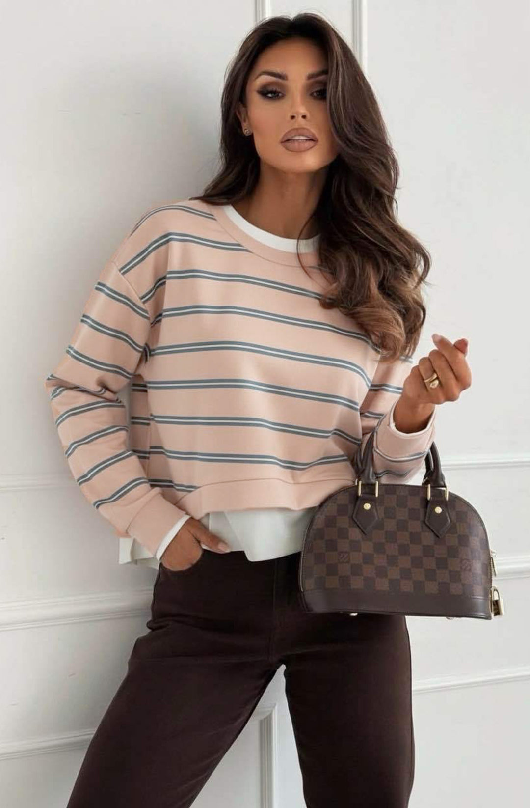 Viola Striped Double-Layer Effect Sweatshirt Top - Peach