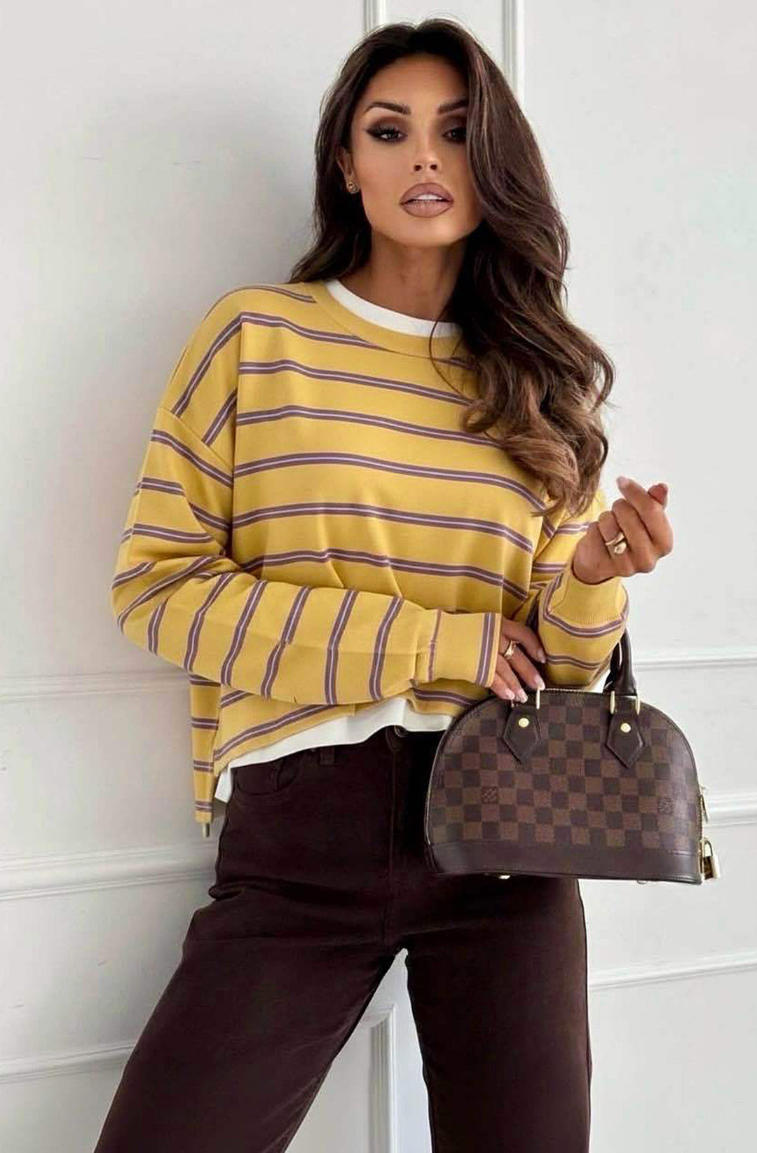 Viola Striped Double-Layer Effect Sweatshirt Top - Yellow