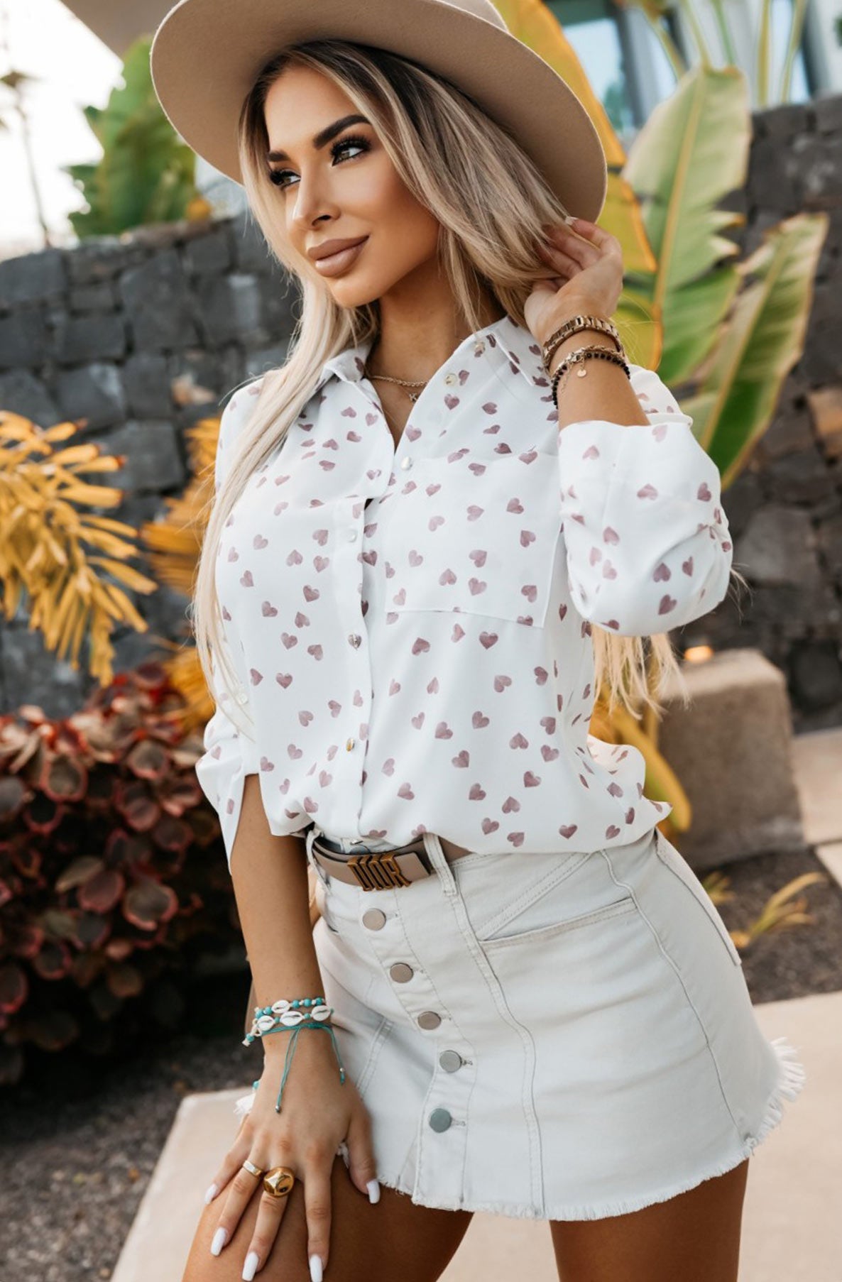 Violet Heart Printed Shirt Blouse Top-Ivory