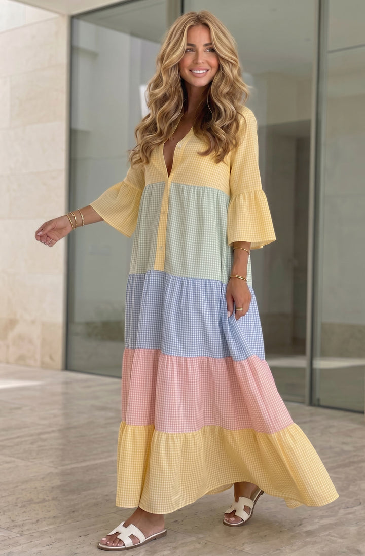 Violetta Colour Block Gingham Tiered V-Neck Maxi Dress