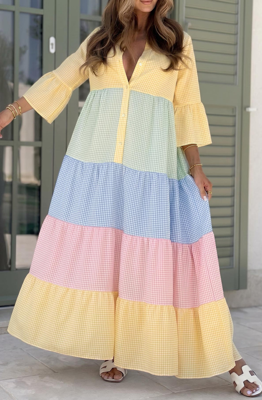 Violetta Colour Block Gingham Tiered V-Neck Maxi Dress