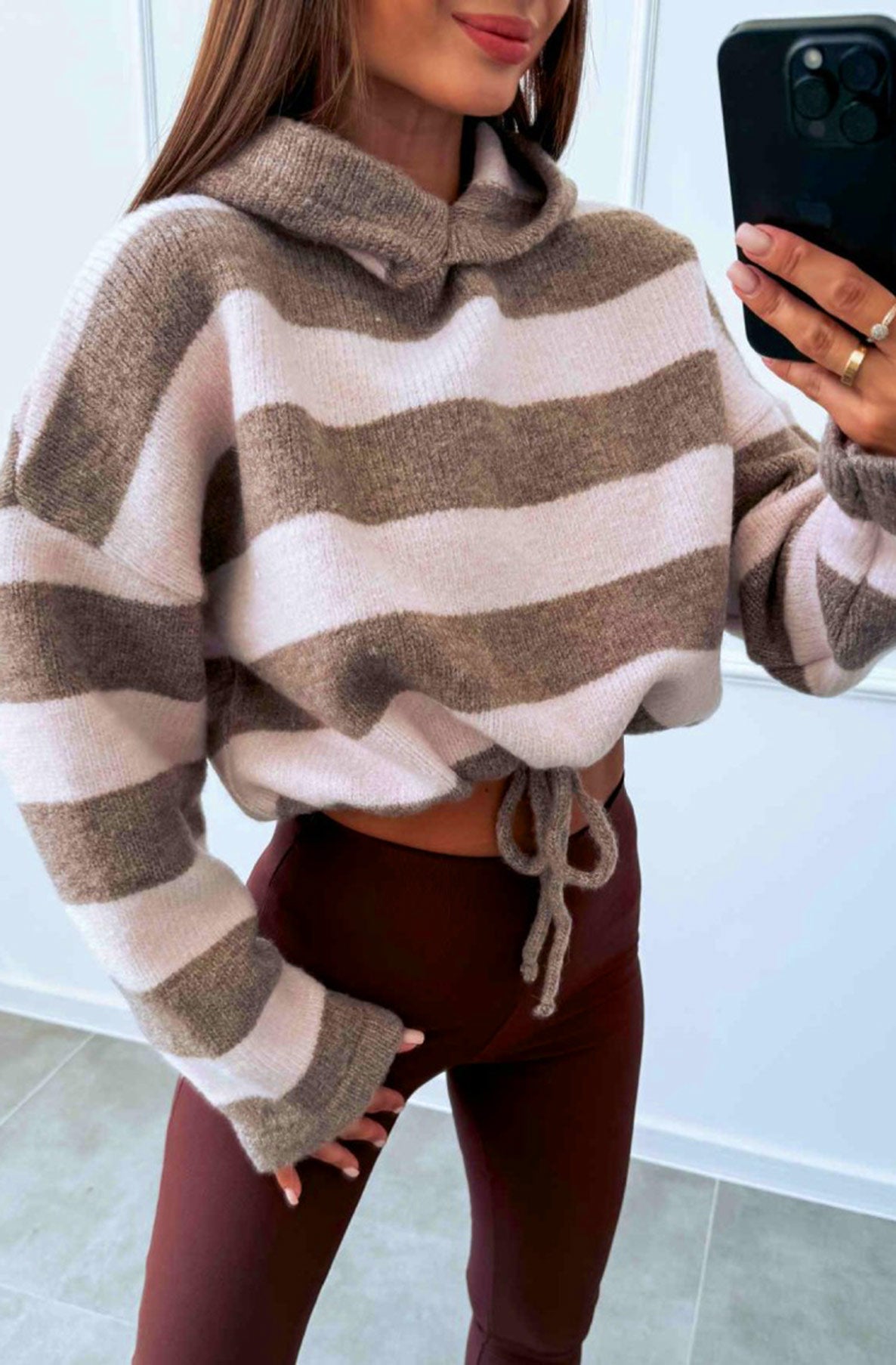Vionelle Striped Hooded Alcapa-Blend Knit Sweater-Pink