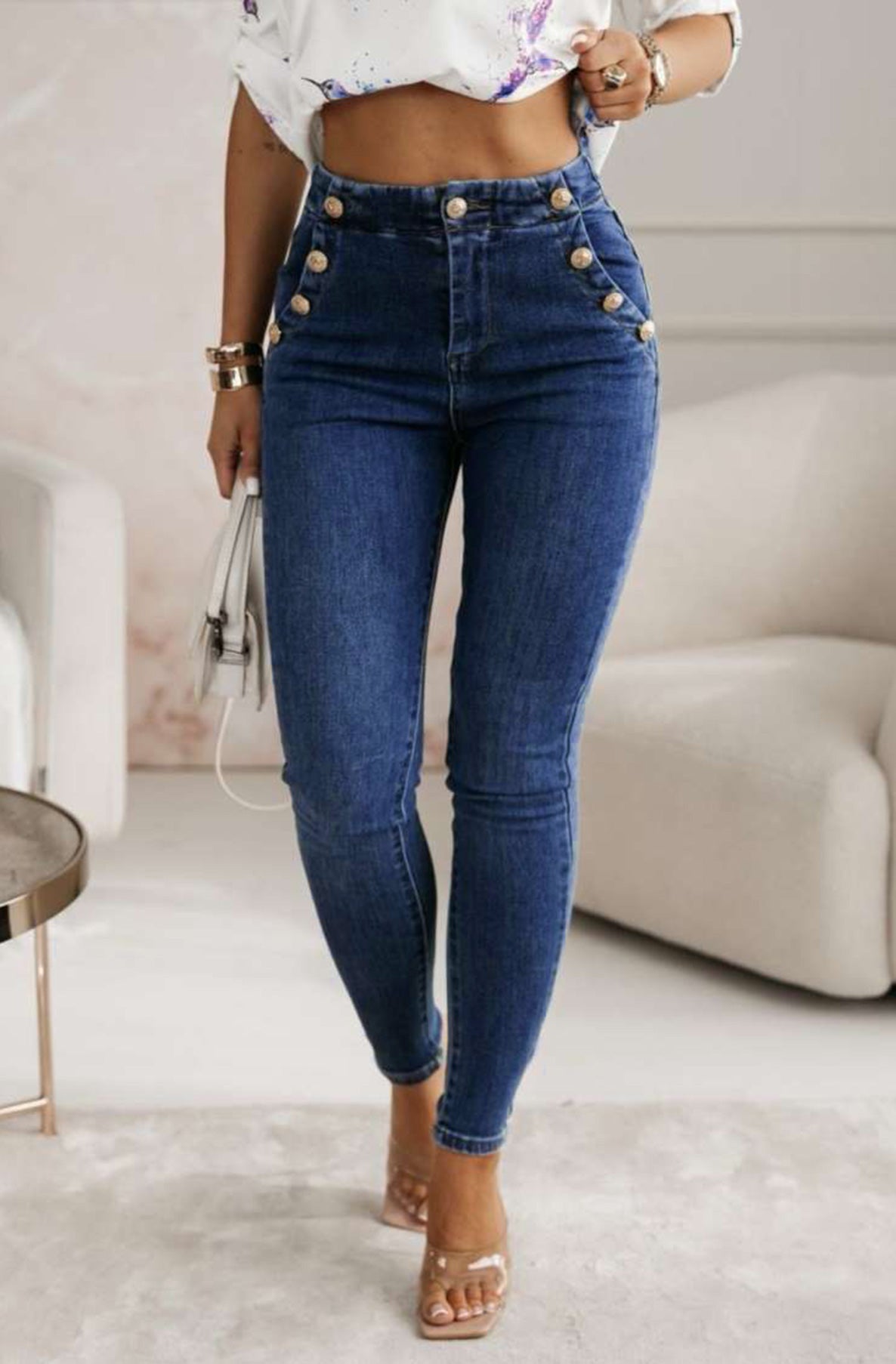 Virelda High-Waist Sailor Button Skinny Denim-Dark Blue