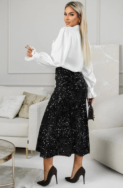 Vivi Sequin Velvet Flared Midi Skirt-Black