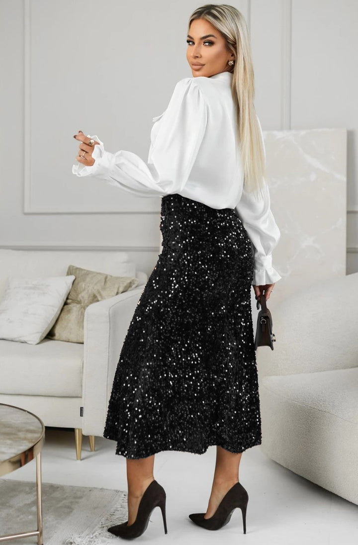 Vivi Sequin Velvet Flared Midi Skirt-Black