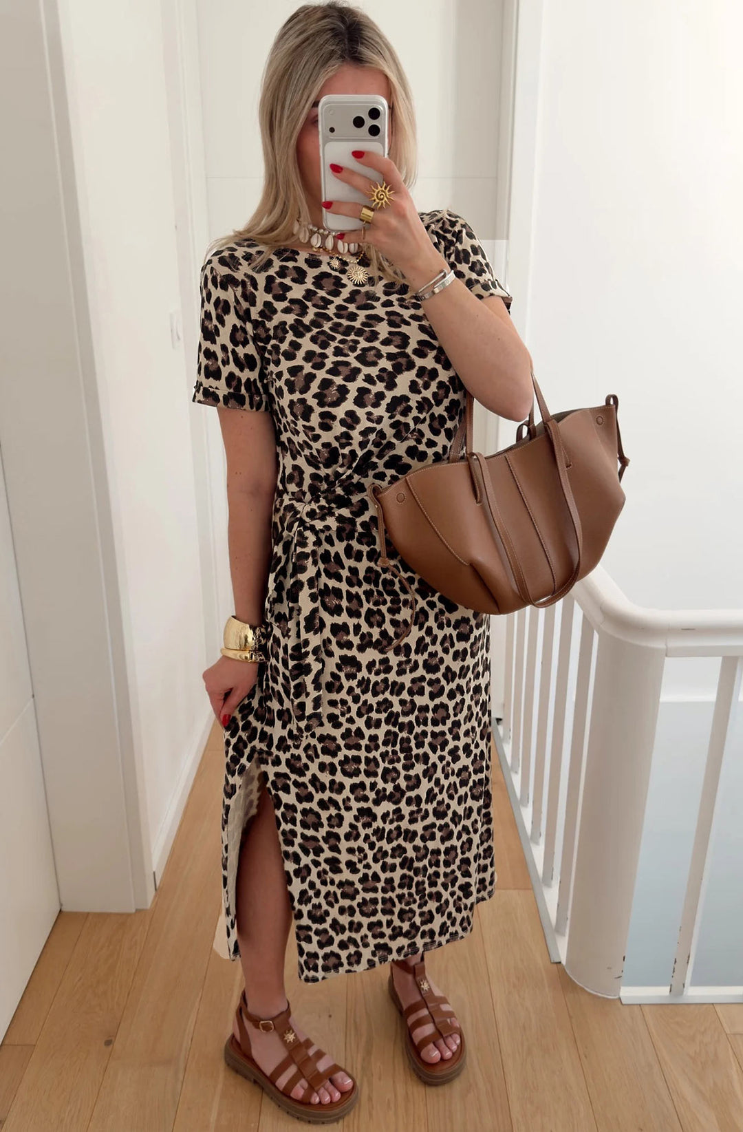 Viviana Leopard Tie-Side Short Sleeve Midaxi Dress