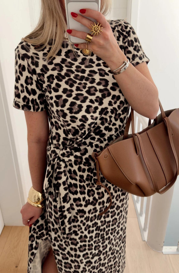 Viviana Leopard Tie-Side Short Sleeve Midaxi Dress