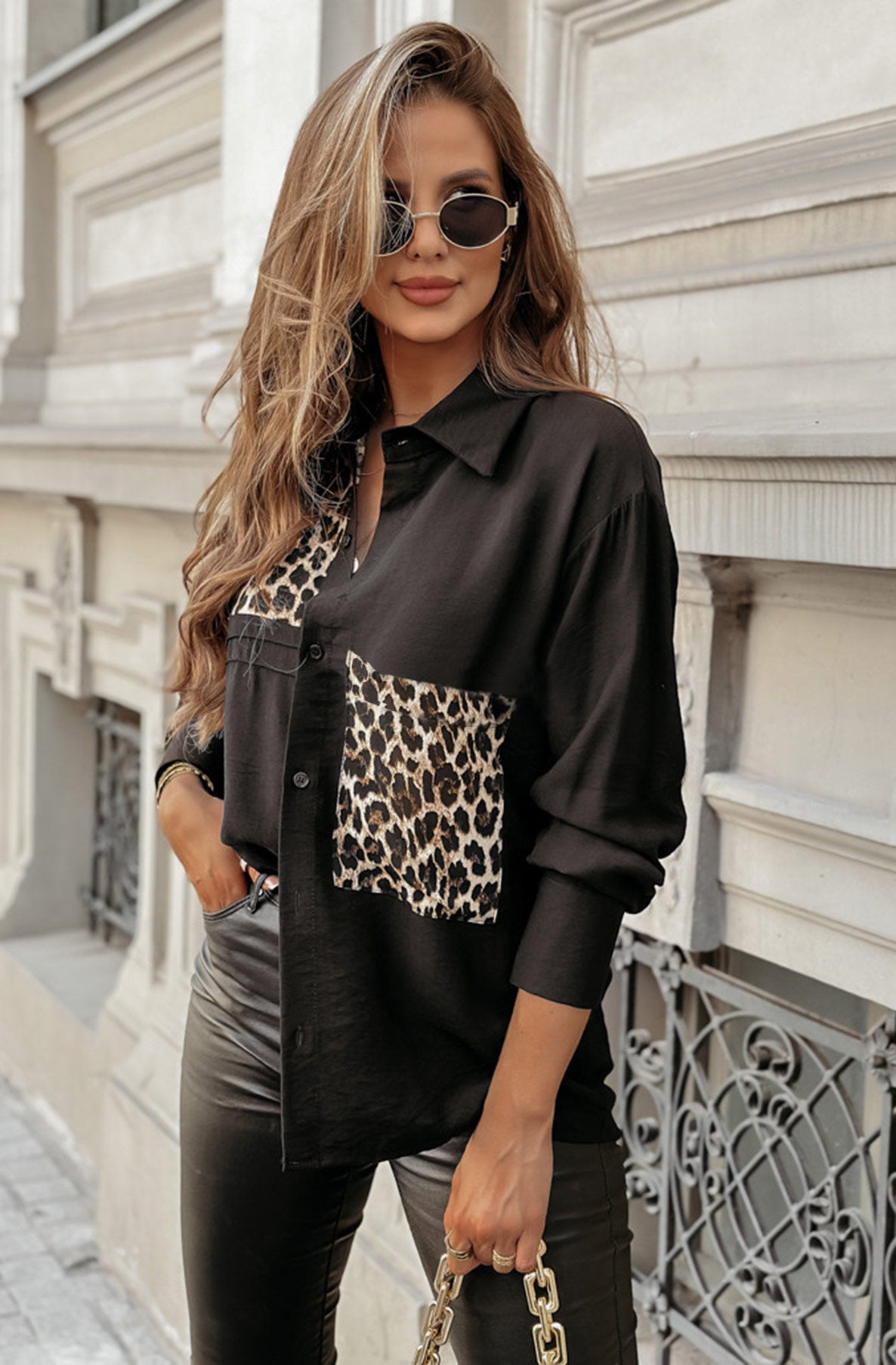 Viviane Leopard Panel Shirt Blouse-Black