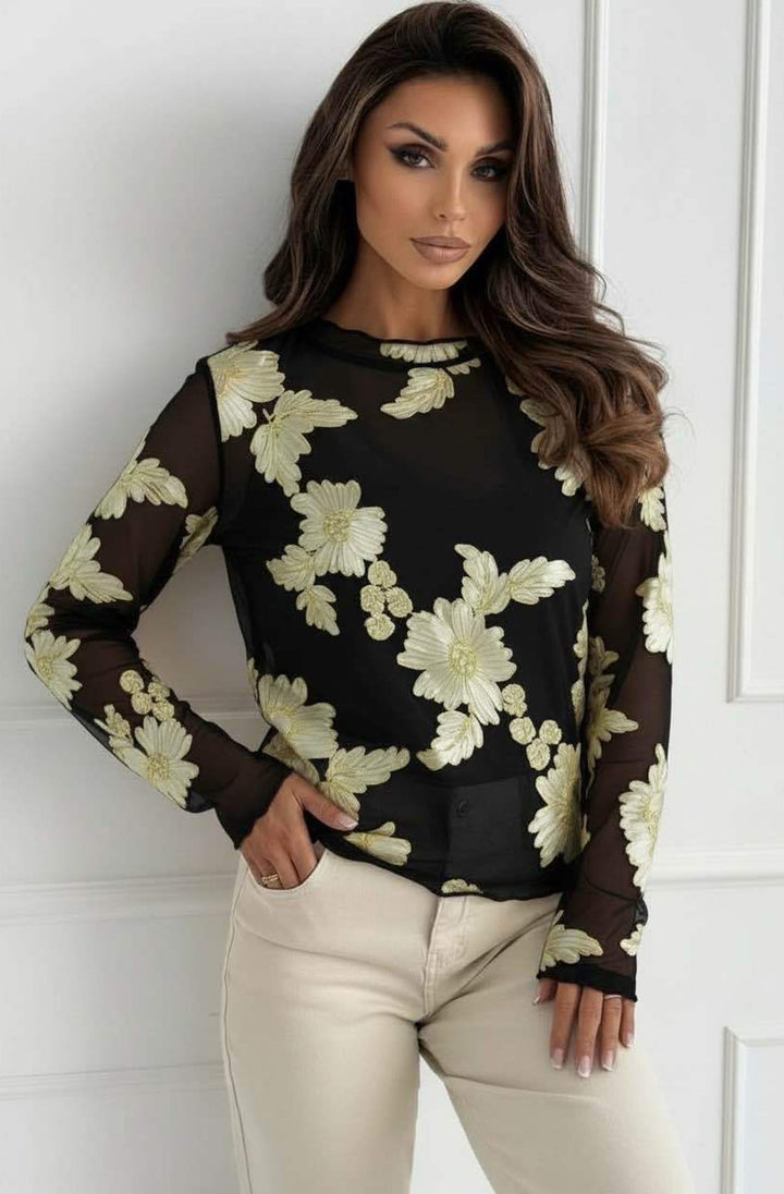 Vonnie Embroidered Mesh Blouse Top-Black