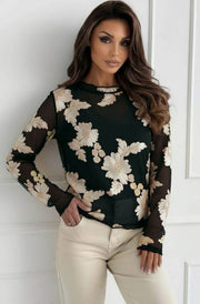 Vonnie Embroidered Mesh Blouse Top-Black