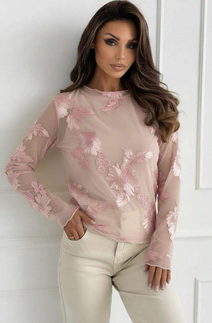 Vonnie Embroidered Mesh Blouse Top-Dusty Pink