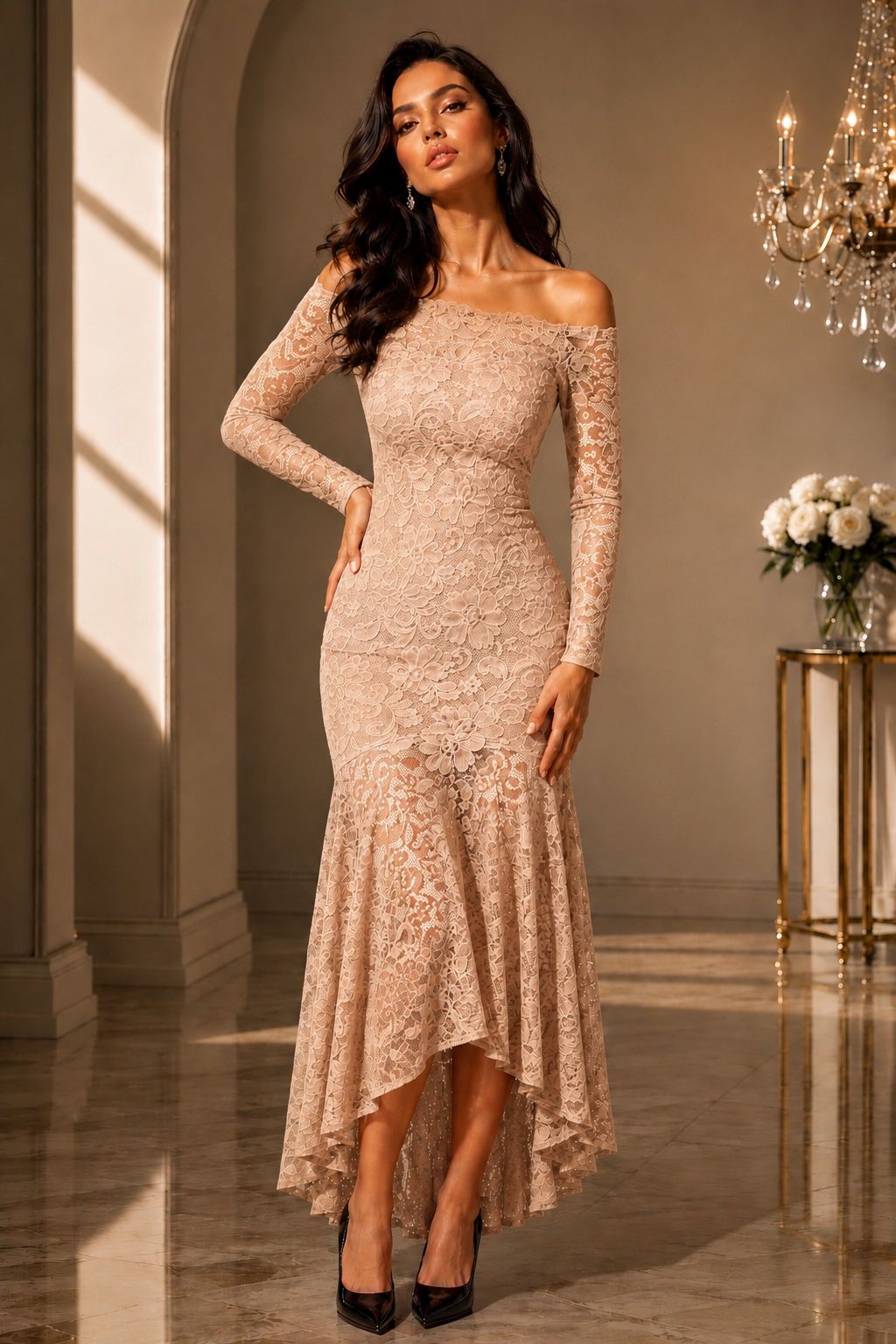 Anastasia Lace Bardot Fishtail Maxi Dress