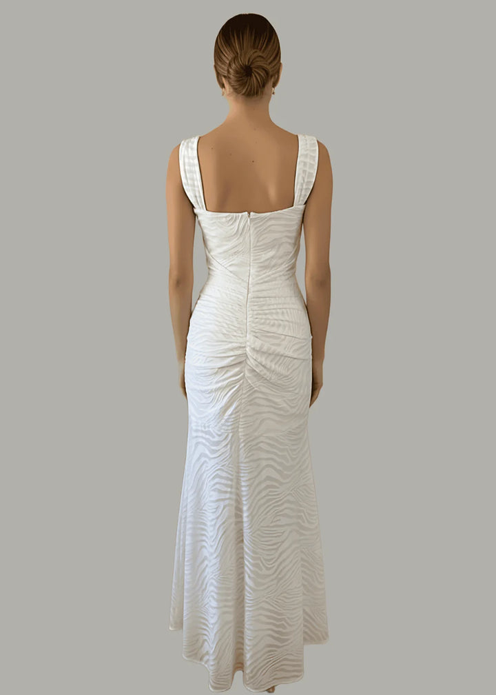 Selene Zebra Textured Ruched Draped Corset Fishtail Hi-Low Midaxi Dress