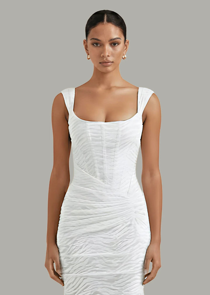 Selene Zebra Textured Ruched Draped Corset Fishtail Hi-Low Midaxi Dress