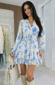 Willow Floral V-Neck Overlay Frill Mini Dress-Blue