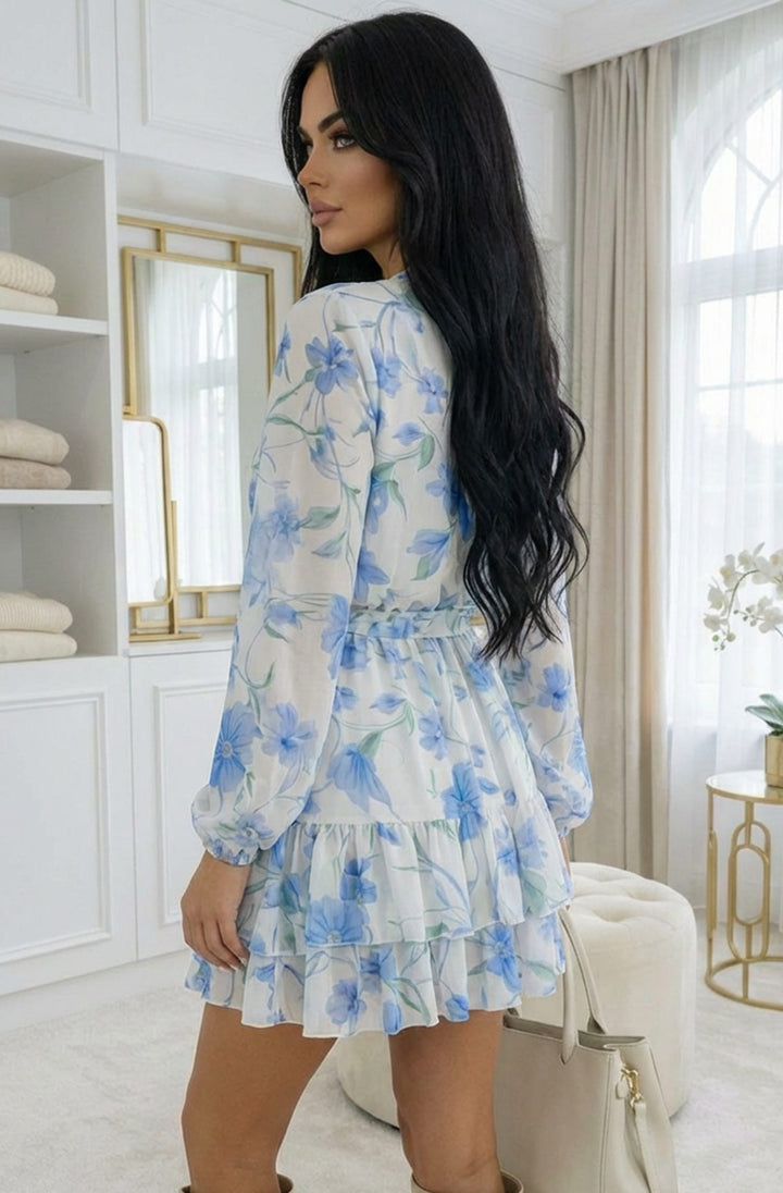 Willow Floral V-Neck Overlay Frill Mini Dress - Blue