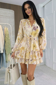 Willow Floral V-Neck Overlay Frill Mini Dress-Yellow