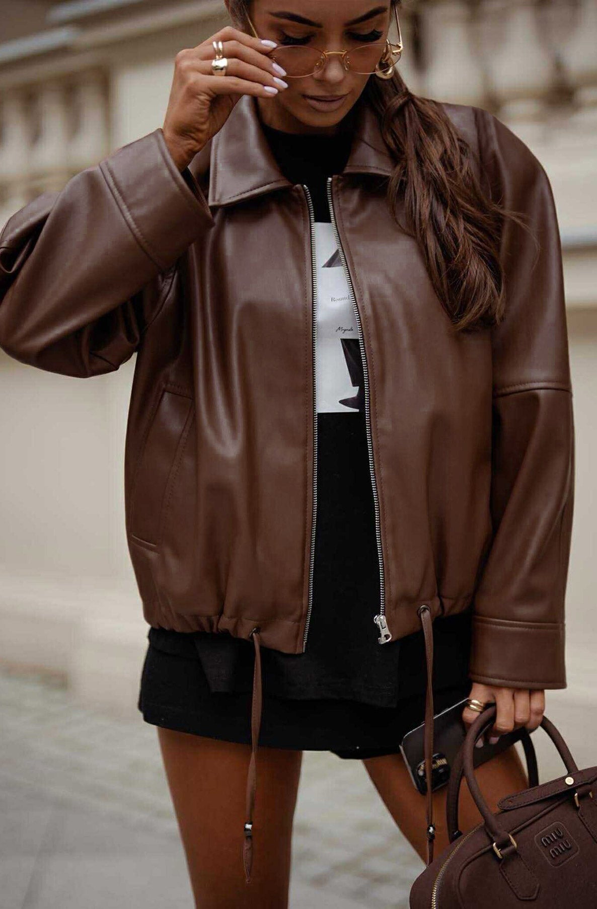 Windy PU Faux Leather Zip Jacket-Brown