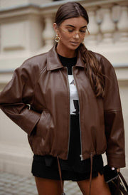 Windy PU Faux Leather Zip Jacket-Brown