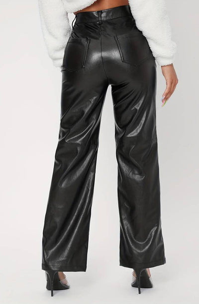 Xenia PU Faux Leather Wide Leg Trousers-Black