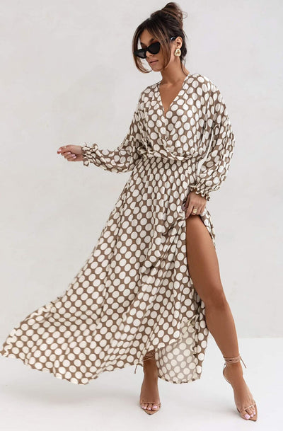 Yania Chiffon Wrap Side Slit Maxi Dress-Stone