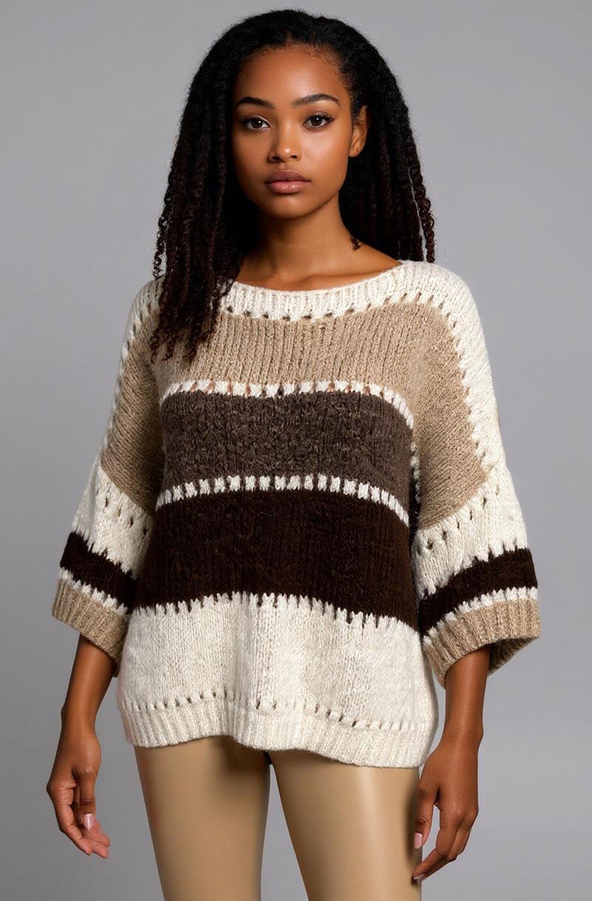 Yanika Block Contrast Light Knitted Jumper-Brown