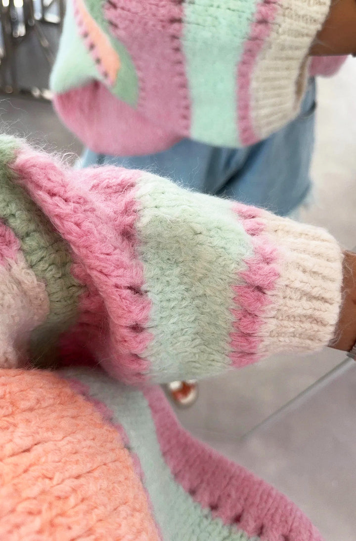 Yanika Block Contrast Light Knitted Jumper-Pink