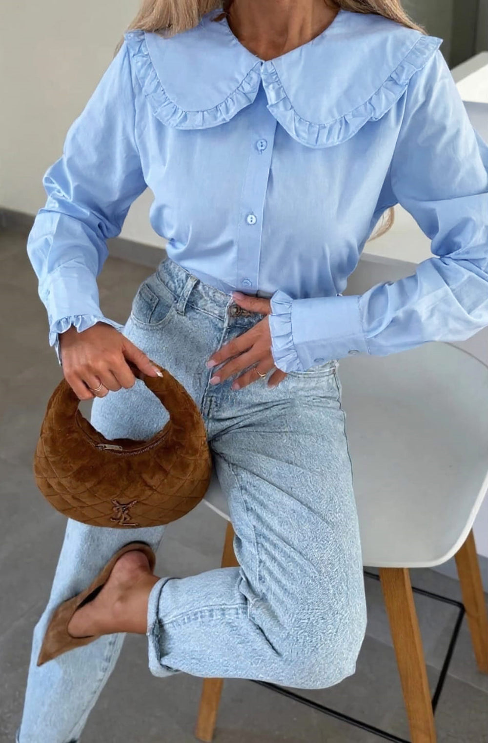 Yoko Frill Collar Long Sleeve Button-Up Shirt Top - Blue
