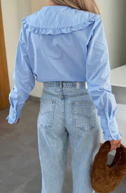 Yoko Frill Collar Long Sleeve Button-Up Shirt Top-Blue