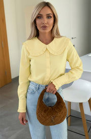 Yoko Frill Collar Long Sleeve Button-Up Shirt Top-Yellow