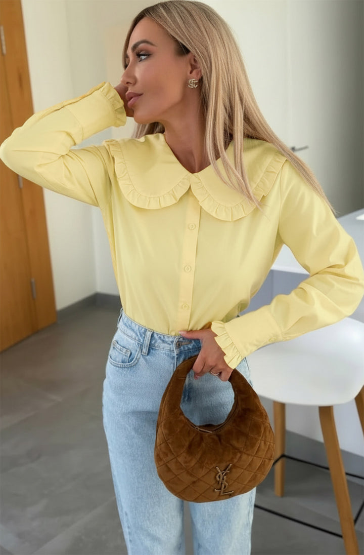 Yoko Frill Collar Long Sleeve Button-Up Shirt Top-Yellow