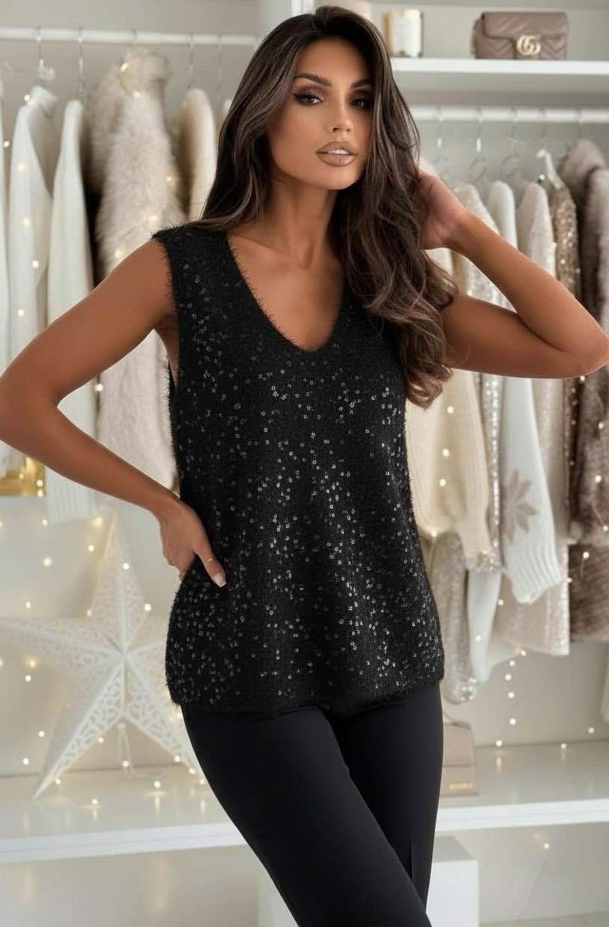 Yolanda Eyelash Textured Sequin V-Neck Sleeveless Blouse Top-Black