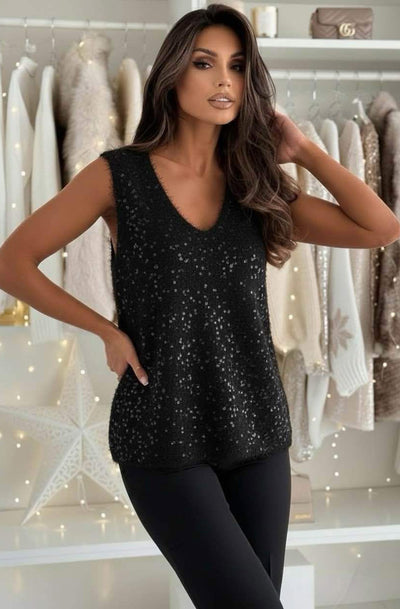 Yolanda Eyelash Textured Sequin V-Neck Sleeveless Blouse Top-Black
