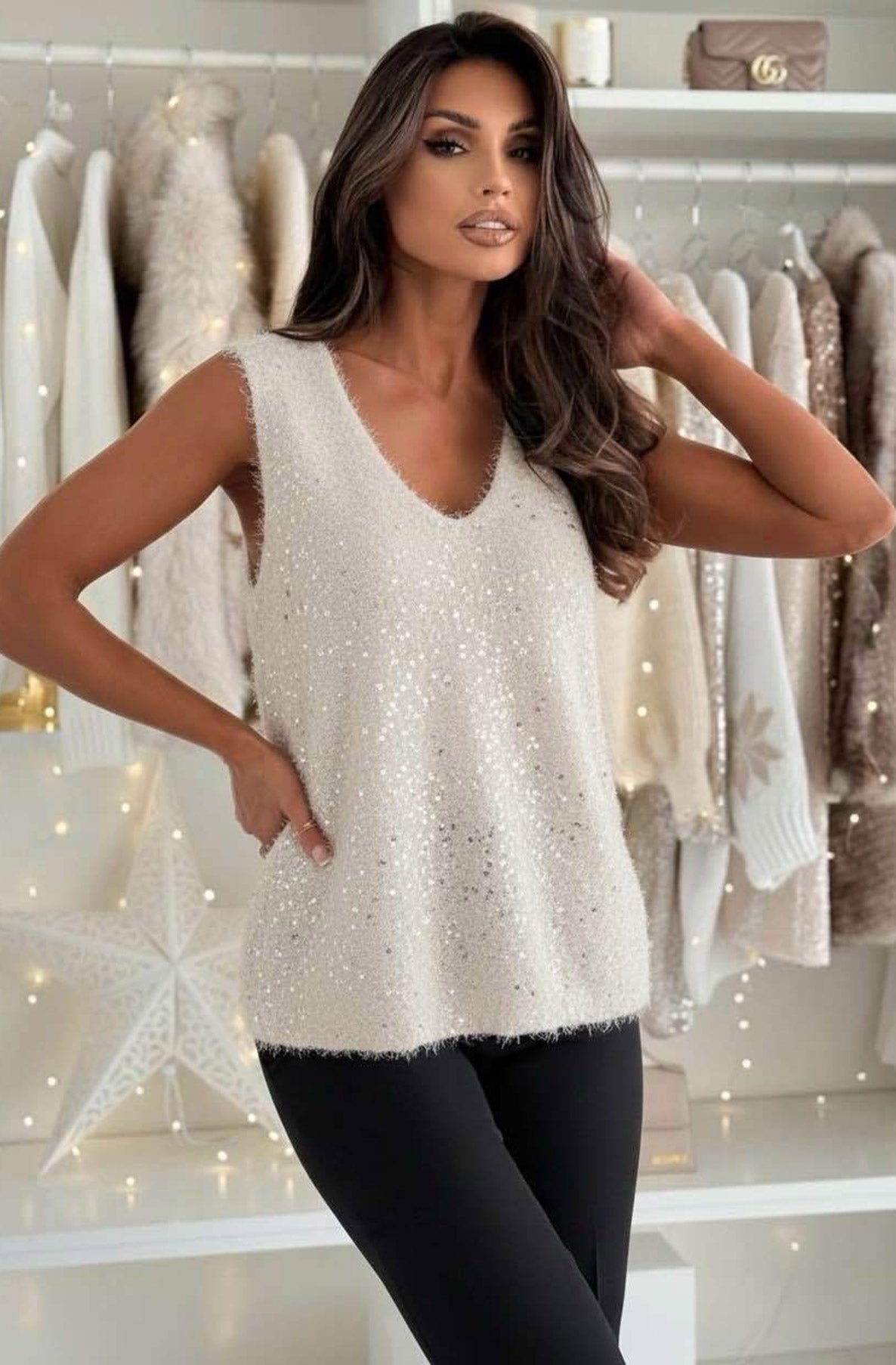 Yolanda Eyelash Textured Sequin V-Neck Sleeveless Blouse Top-Ivory